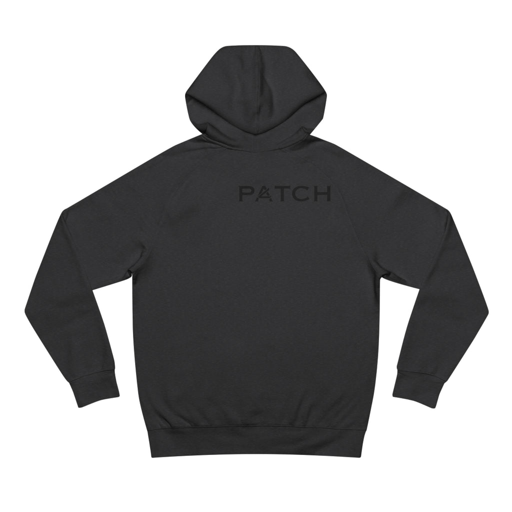 Patch Logo Hoodie — Minimalist White Pullover with Chest Emblem & Back 'PATCH' Text