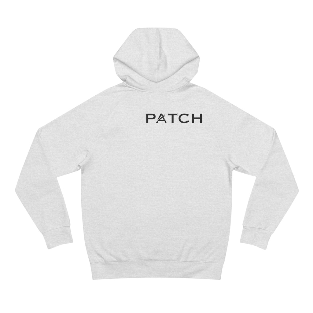 Patch Logo Hoodie — Minimalist White Pullover with Chest Emblem & Back 'PATCH' Text