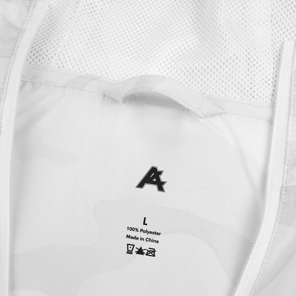 Windbreaker Jacket — White Camo Minimal Logo Windbreaker with 'ATCH' Accent