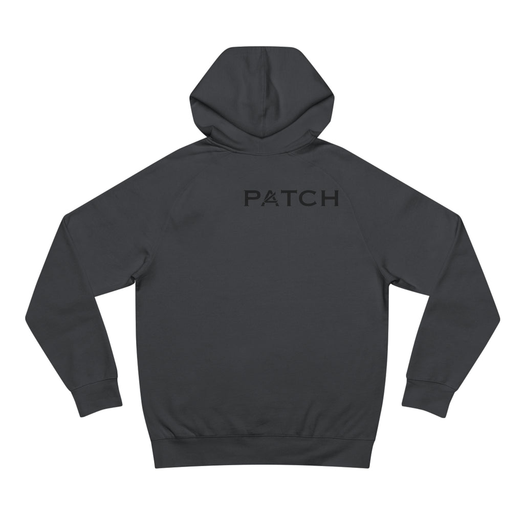 Patch Logo Hoodie — Minimalist White Pullover with Chest Emblem & Back 'PATCH' Text