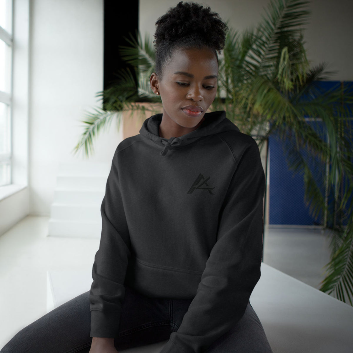 Patch Logo Hoodie — Minimalist White Pullover with Chest Emblem & Back 'PATCH' Text