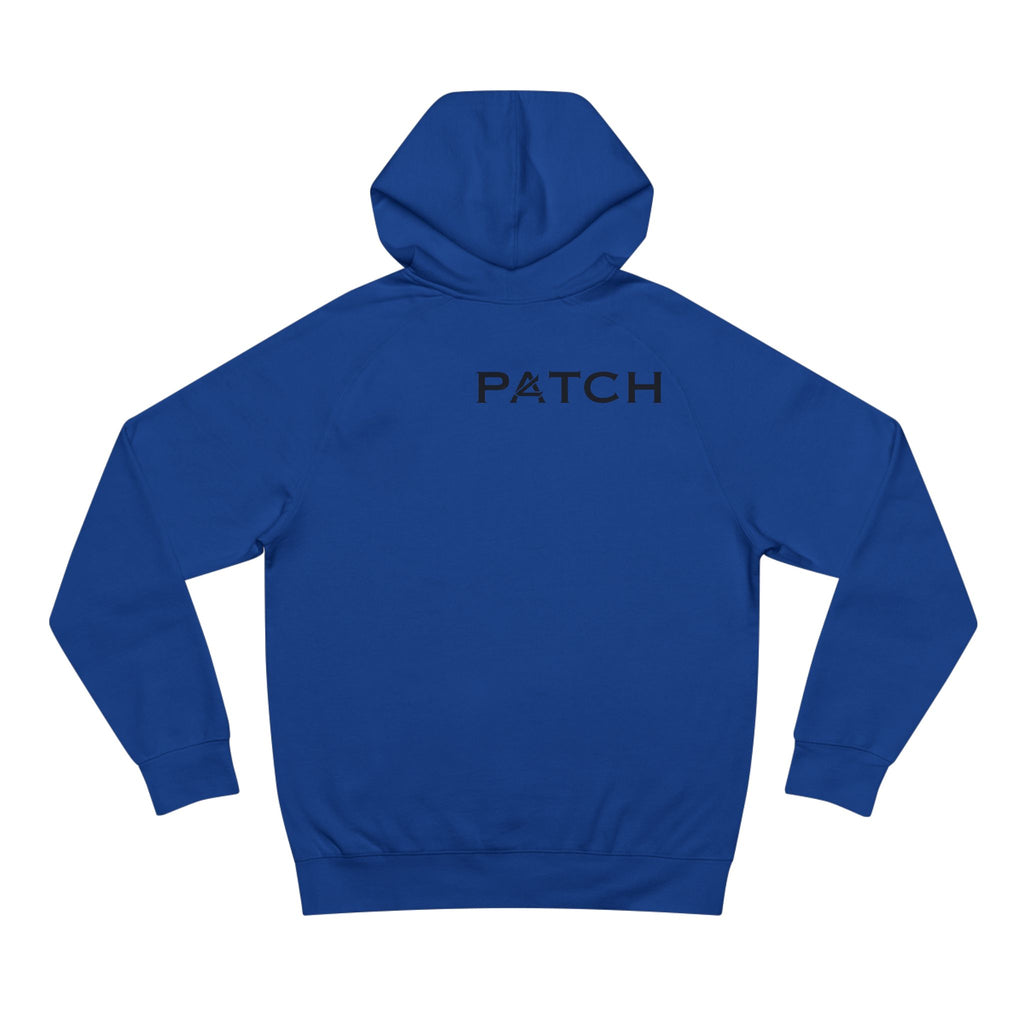 Patch Logo Hoodie — Minimalist White Pullover with Chest Emblem & Back 'PATCH' Text