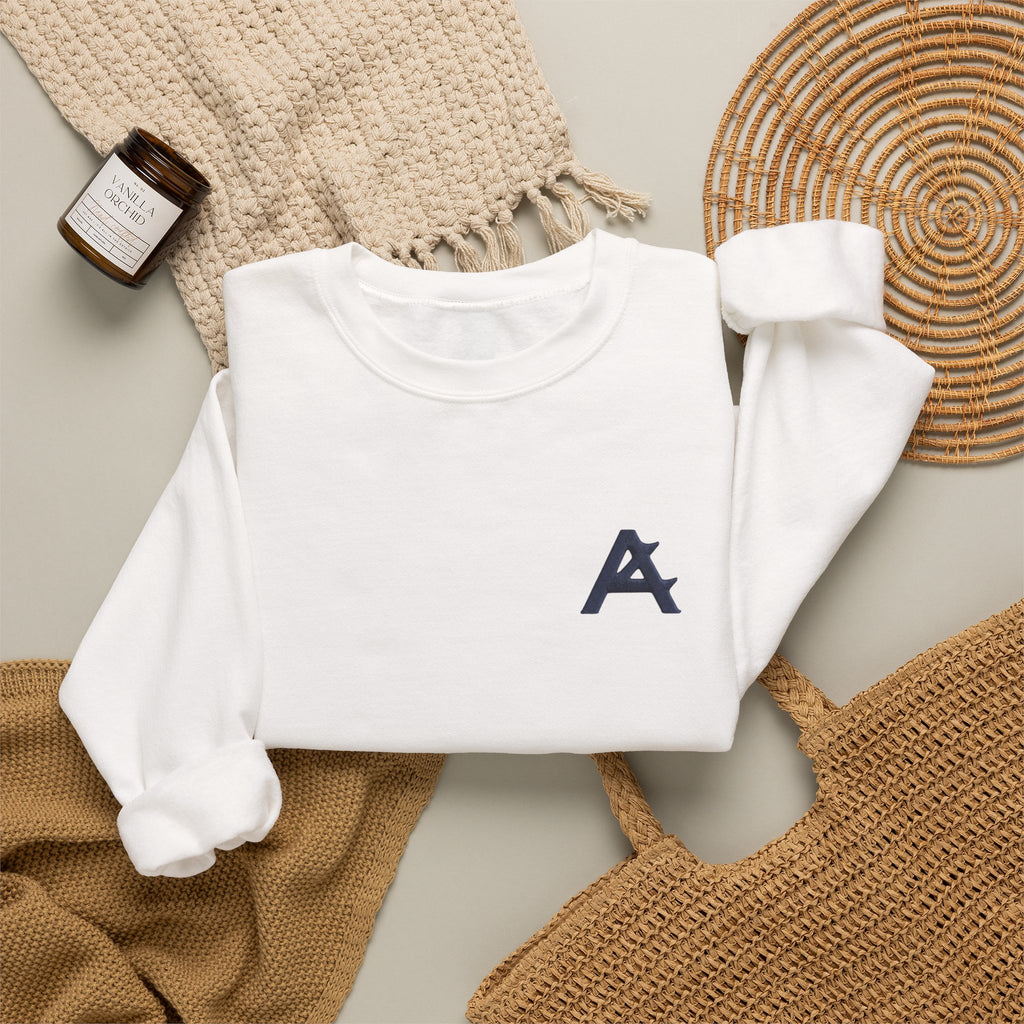 Minimalist A Logo Crewneck Sweatshirt – Small Chest Emblem, Casual White Pullover