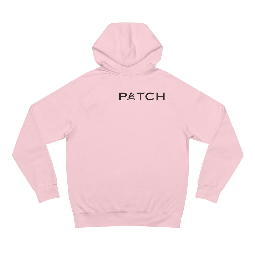 Patch Logo Hoodie — Minimalist White Pullover with Chest Emblem & Back 'PATCH' Text