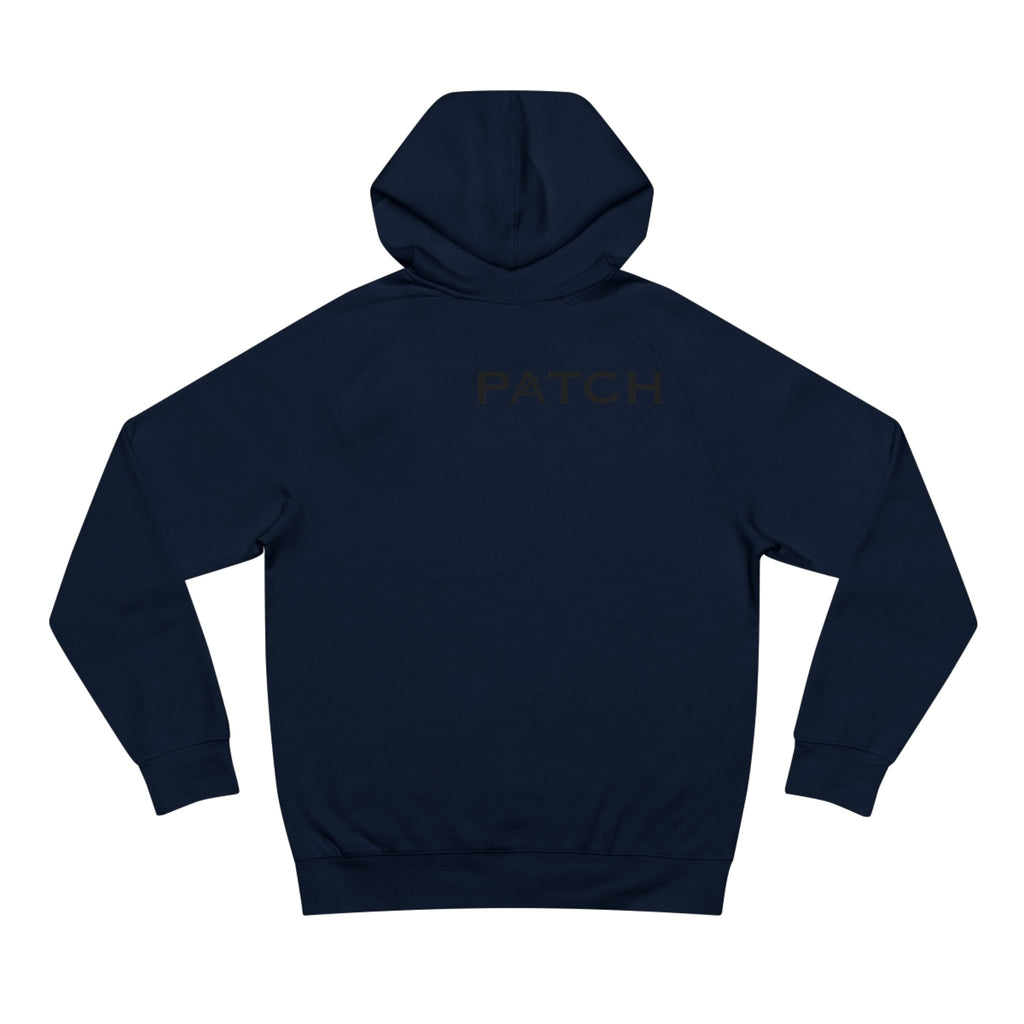 Patch Logo Hoodie — Minimalist White Pullover with Chest Emblem & Back 'PATCH' Text