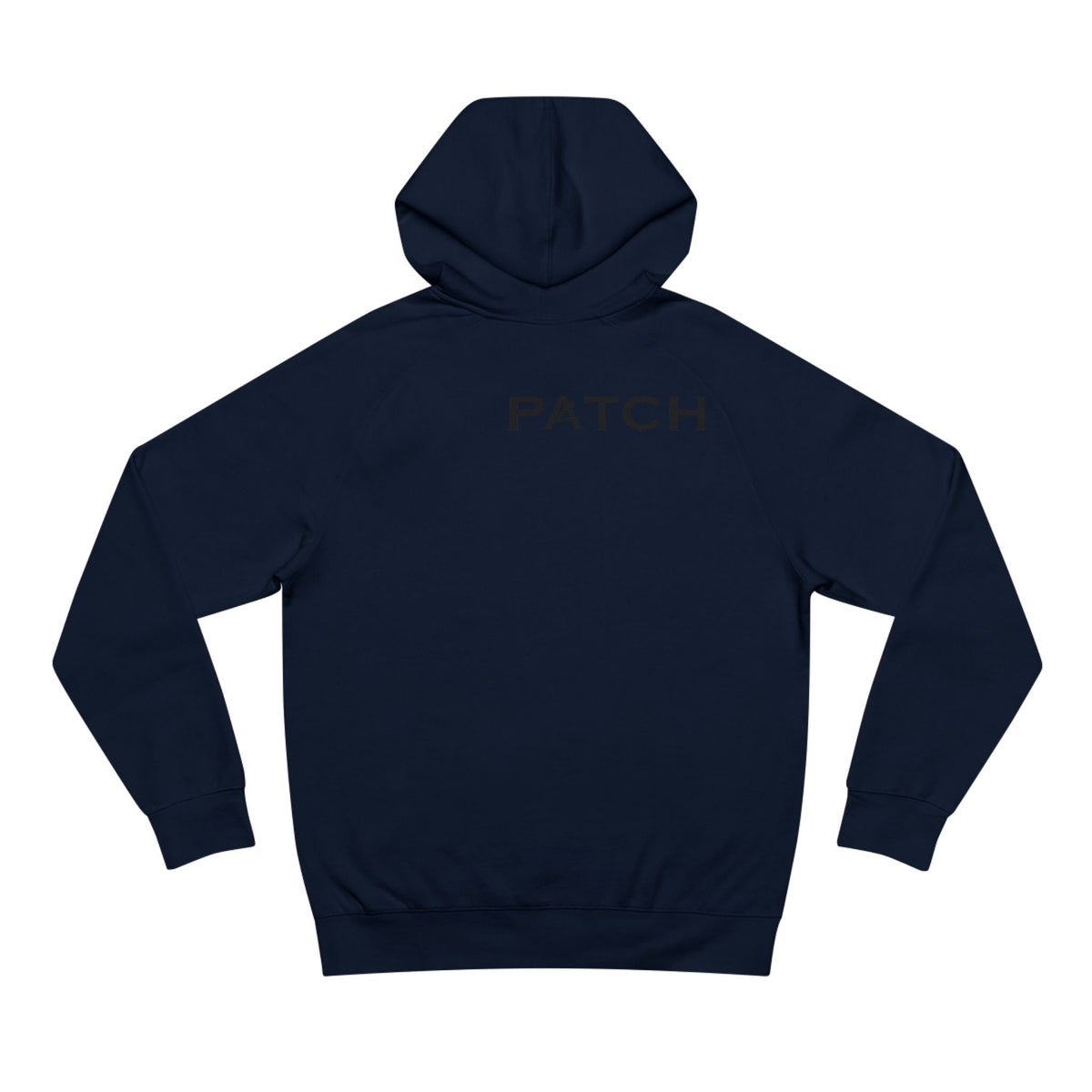 Patch Logo Hoodie — Minimalist White Pullover with Chest Emblem & Back 'PATCH' Text